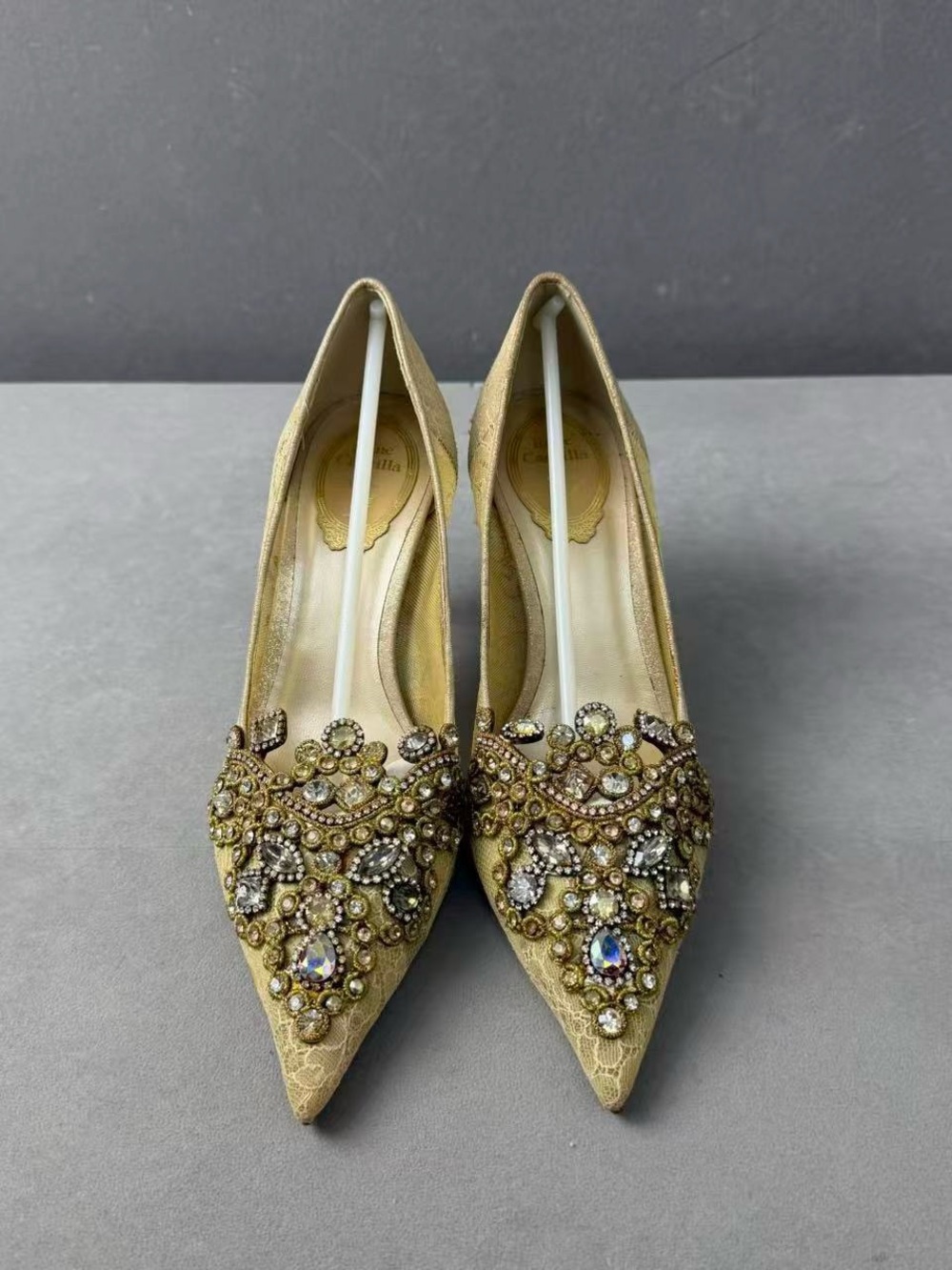 Rene Caovilla Gold Jeweled Pointed-Toe Lace Heels - Picture 2 of 5